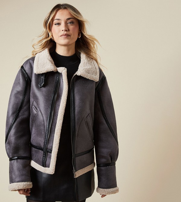 Faux Suede Borg Detail Aviator Jacket