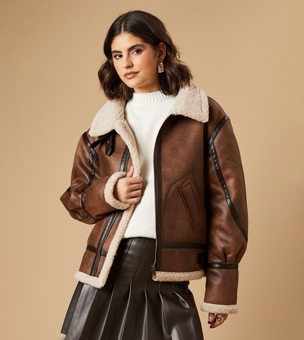 Faux Suede Borg Detail Aviator Jacket