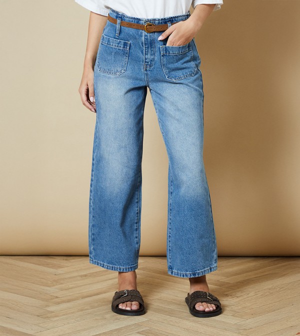 Washed Belted Cropped Straight Fit Jeans