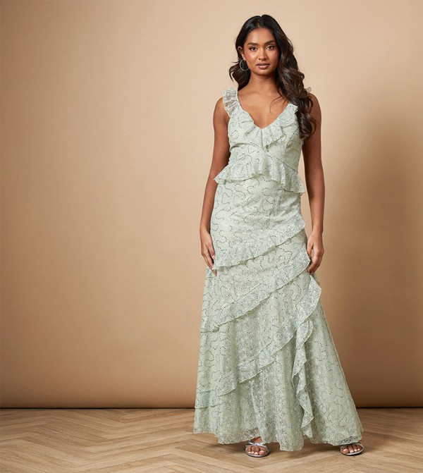 Sequined Lace Ruffle Detail Midaxi Dress
