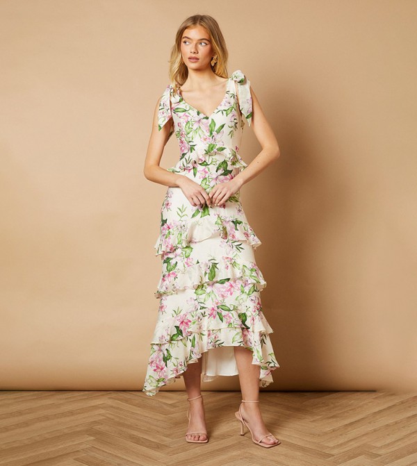 Floral Print Tiered Ruffle Tie Shoulder Midi Dress