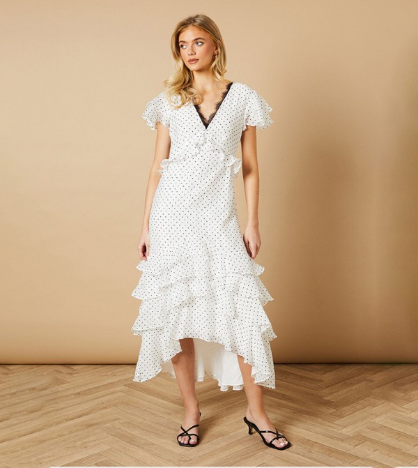 Polka Dots Ruffle Tiered Lace Midi Dress