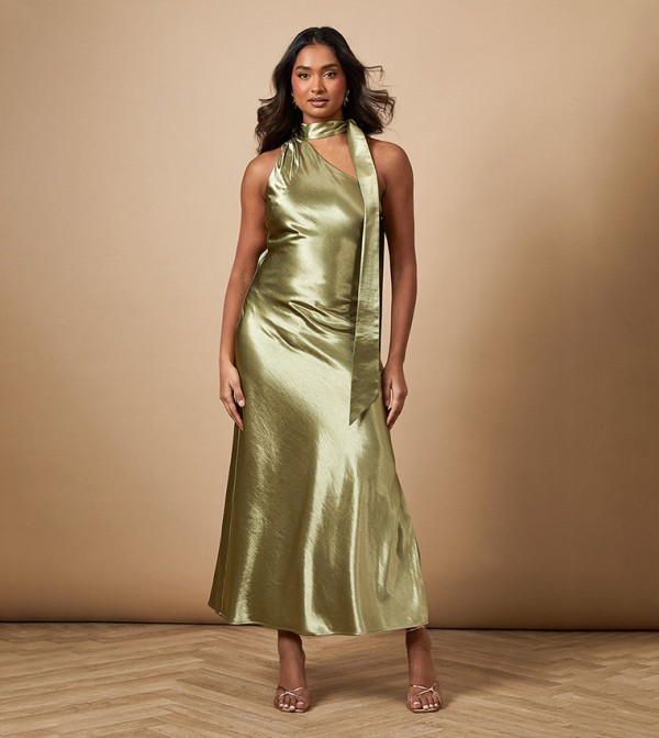 Metallic Satin Tie Neck Midaxi Dress