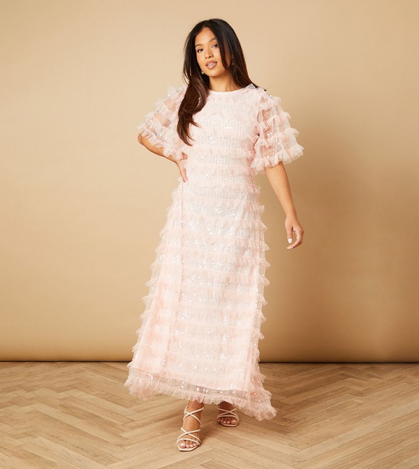 Petite Sequined Ruffled Detail Maxi Dress