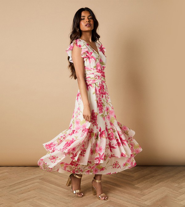 Petite Printed Twist Front Detail Tiered Midi Dress