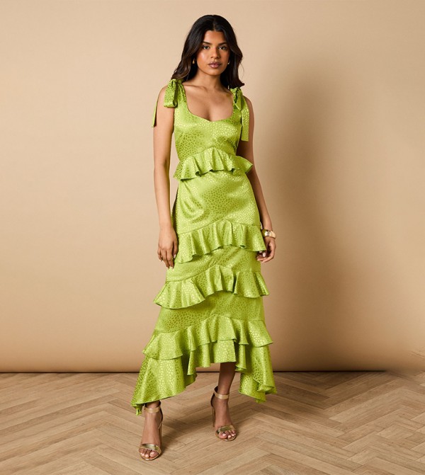 Petite Printed Satin Jacquard Tiered Midi Dress