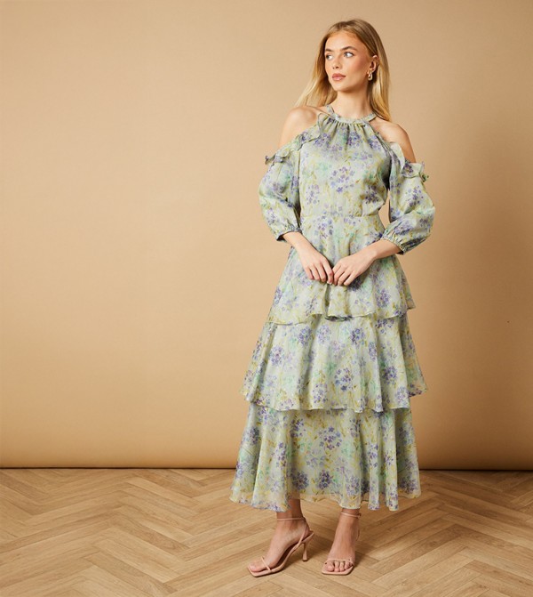 Printed Cold Shoulder Metallic Ruffle Midi Dress