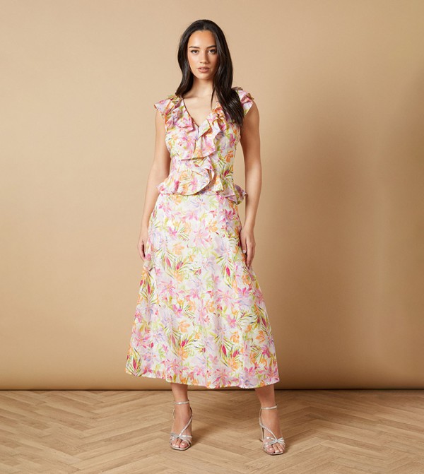 Floral Print Ruffle Detail V-Neck Midi Dress