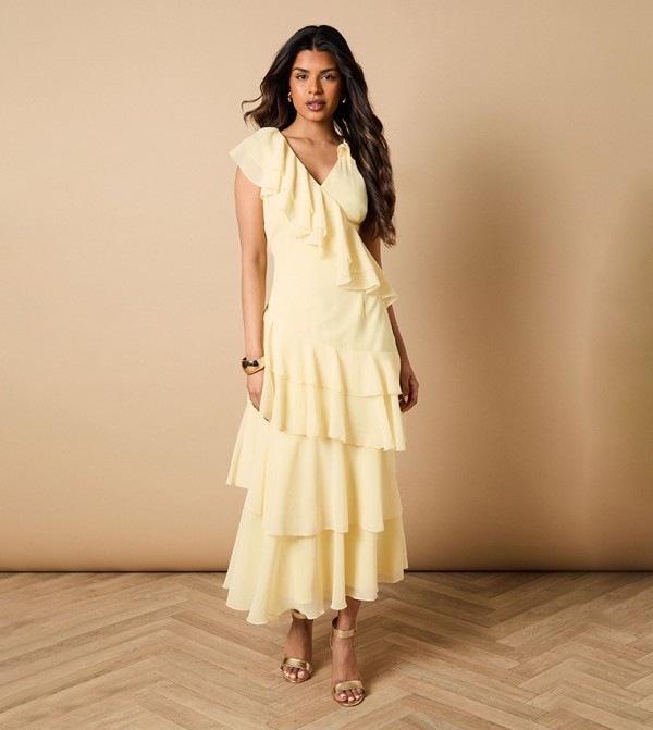 Petite Ruffle Asymmetric Maxi Dress