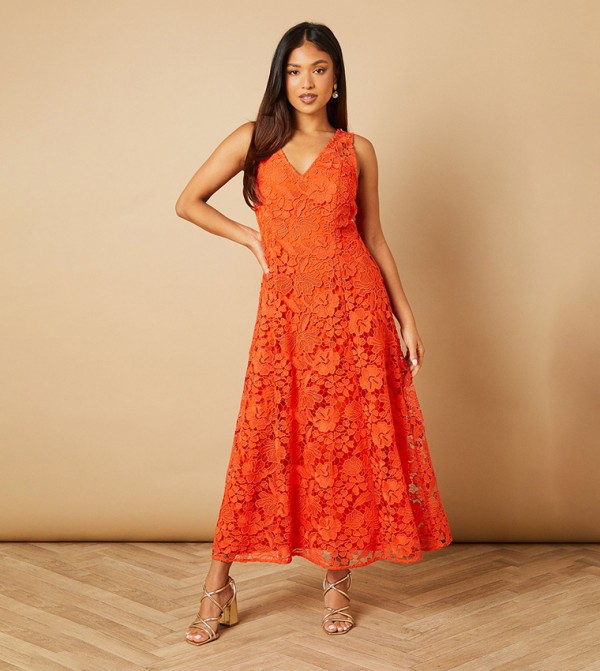 Petite Floral Lace V-Neck Midi Dress