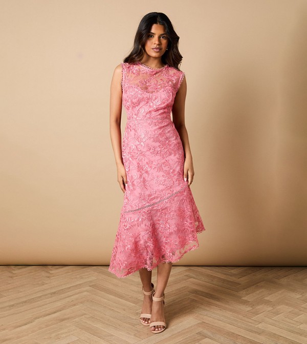 Petite Floral Lace Scallop Detail Midi Dress