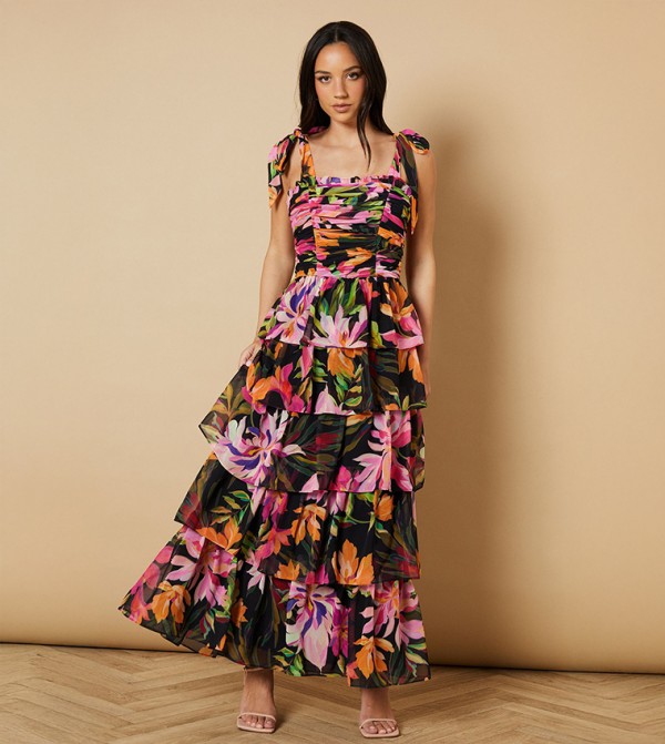 Floral Printed Tiered Tie Strap Midi Dress