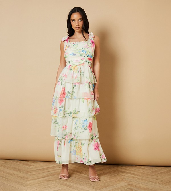 Floral Printed Tiered Tie Strap Midi Dress