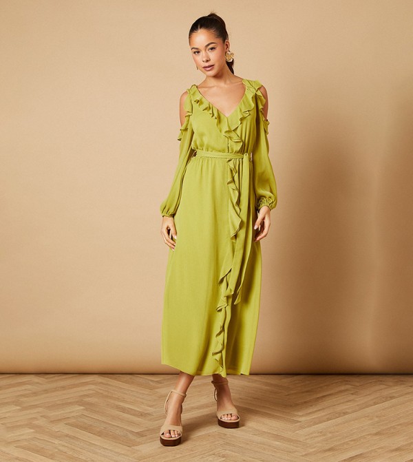 Cold Shoulder V-Neck Belt Detail Midi Dress