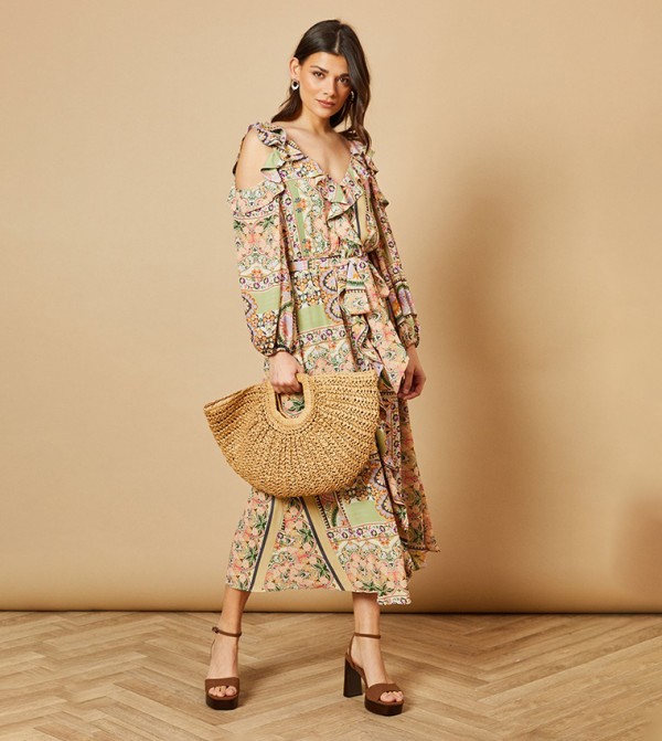 Paisley Printed V-Neck Cold Shoulder Midi Dress