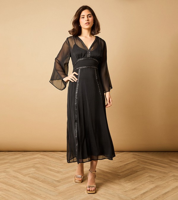 Embellished V-Neck Flared Sleeves Midi Dress