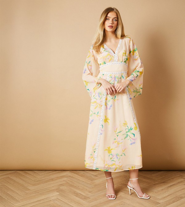 Floral Hand Embellished Trim Batwing Maxi Dress