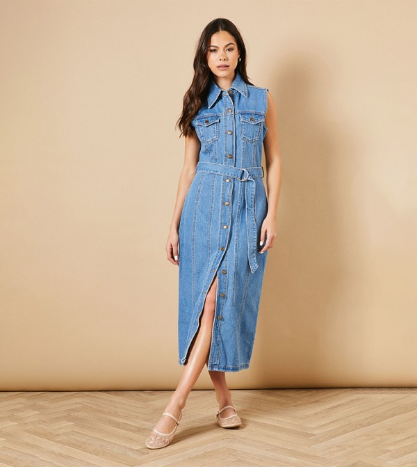 Belted Waist Pocket Detail Midi Dress