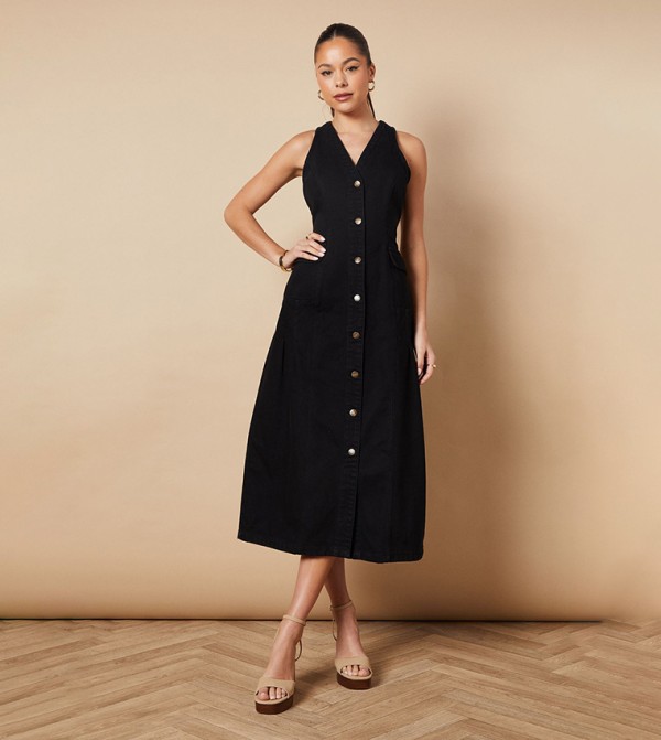 Flap Pocket Drop Waist Seam Midi Dress