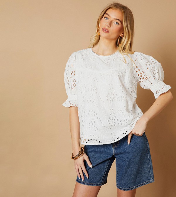 Embroidered Detail Balloon Sleeves Top