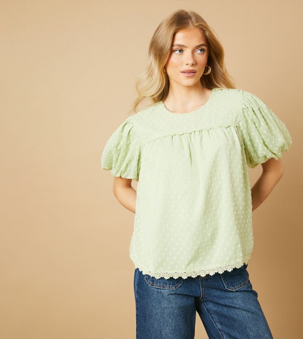 Lace Trim Puff Sleeves Top
