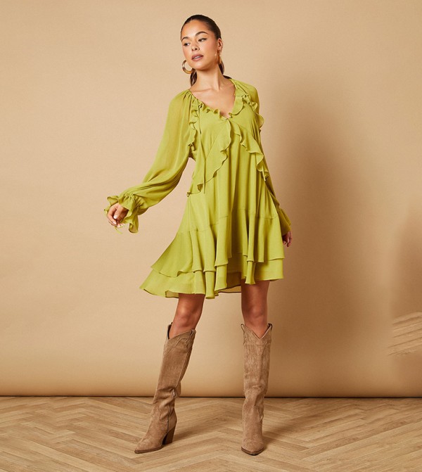 Solid Ruffle Detail Mini Dress