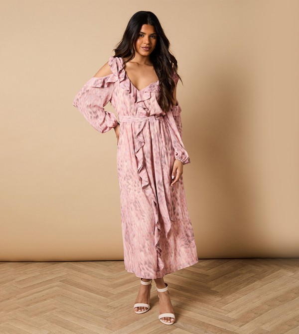 Petite Printed V-Neck Cold Shoulder Belt Detail Midi Dress