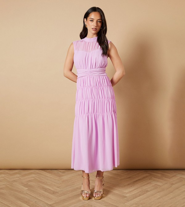 Gathered High Neck Chiffon Midaxi Dress