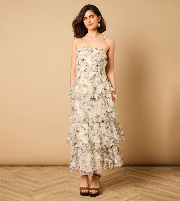 Floral Printed Textured Strappy Midaxi Dress