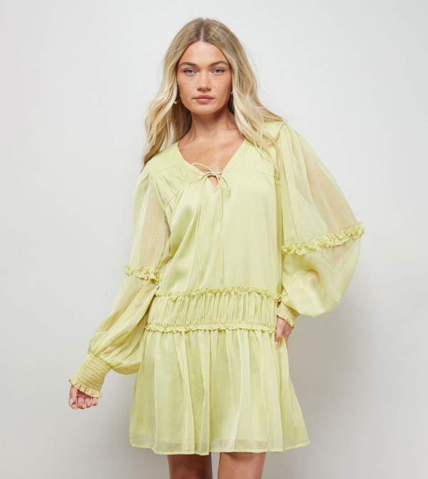 Chiffon Shirred Front Tie Neck Mini Dress