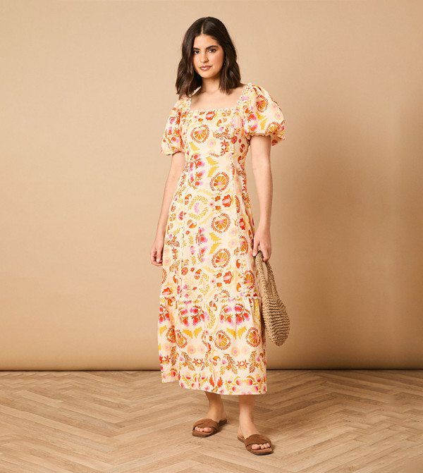 Printed Trim Detail Puff Sleeves Midi Dress