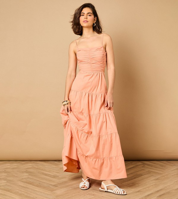 Solid Gathered Bust Tie Back Maxi Dress