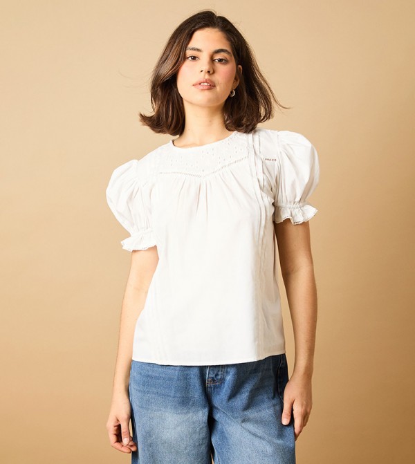 Broderie Trim Detail Puff Sleeves Top