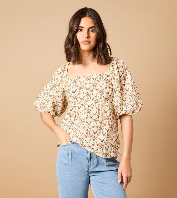 Printed Puff Sleeves Square Neck Top
