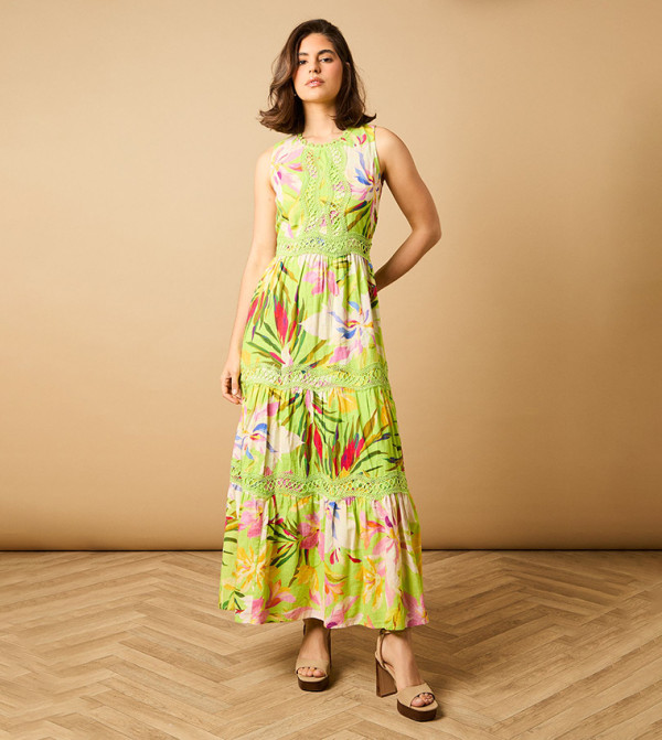 Printed Lace Detail Keyhole Tiered Dress