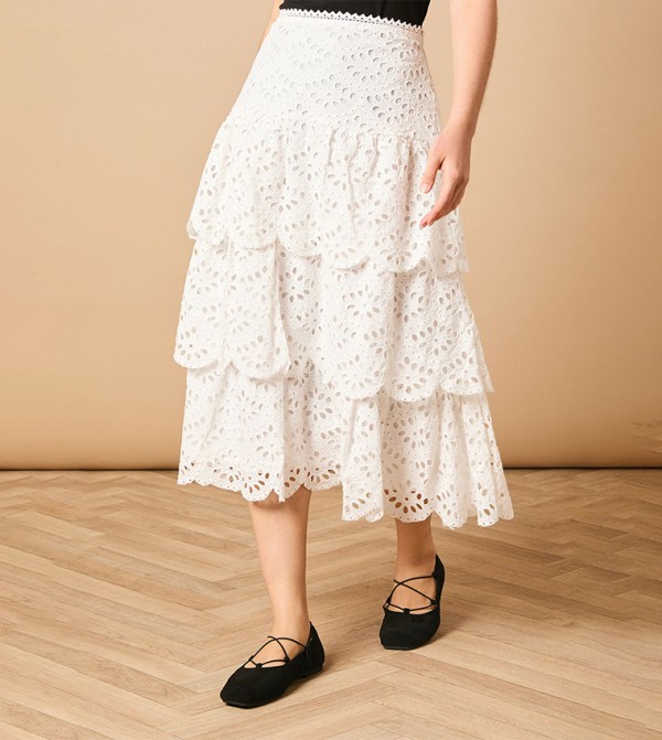 Elastic Waist Broderie Tiered Midi Skirt