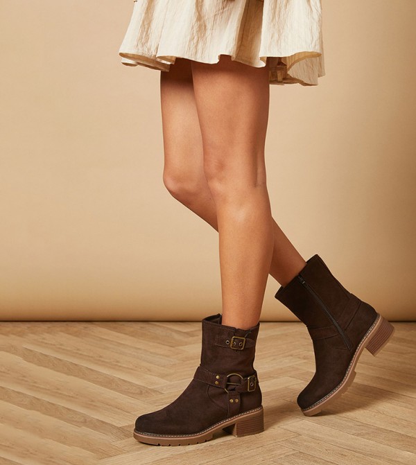 Lila Faux Suede Chunky Biker Calf Boots