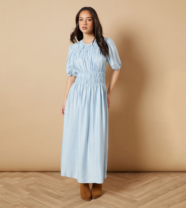 Shirred Bodice Puff Sleeves Midaxi Dress