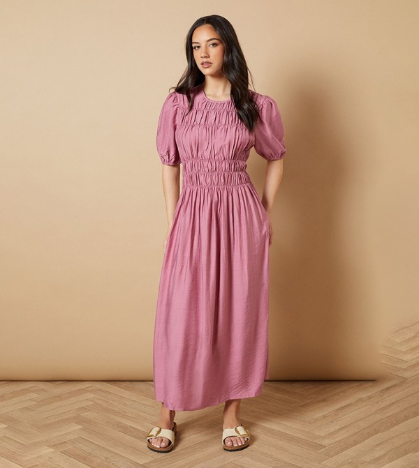 Shirred Bodice Puff Sleeves Midaxi Dress