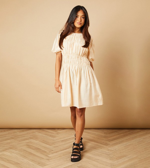 Petite Shirred Bodice Puff Sleeves Mini Dress