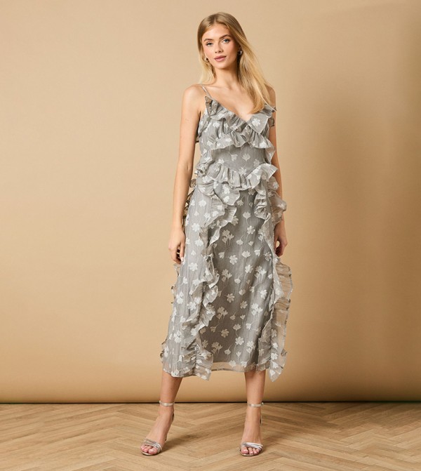 Ruffle Front V-Neck Strappy Midi Dress