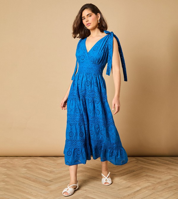 Tie Shoulder V-Neck Broderie Midi Dress