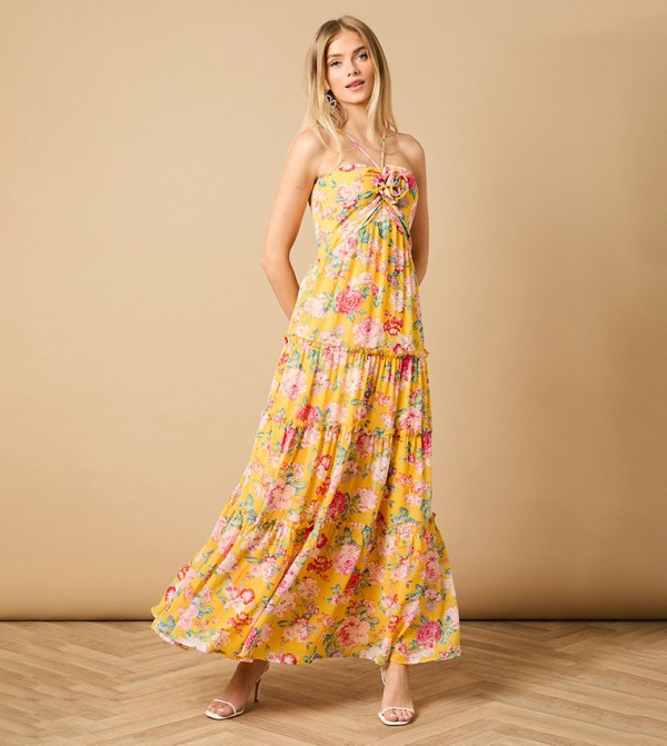 Rosette Detail Halterneck Midi Dress