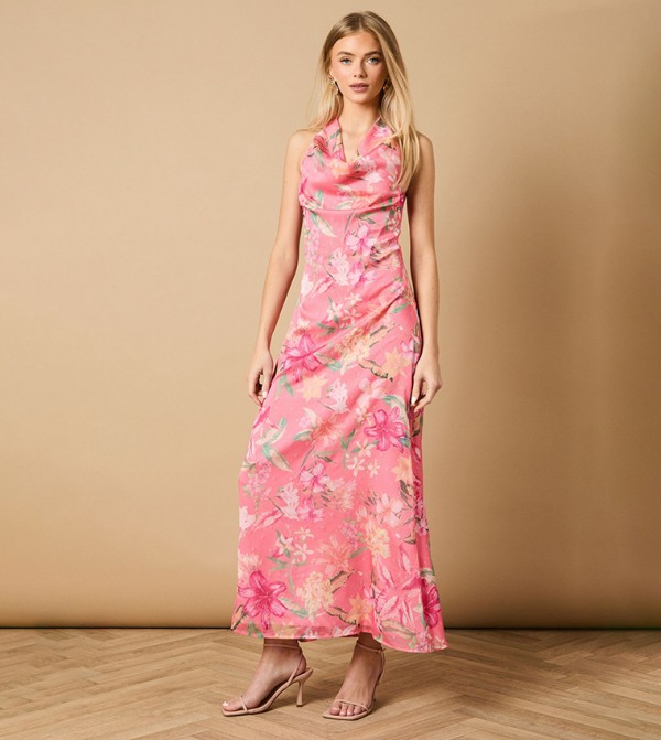 Printed Mesh Dobby Halterneck Dress