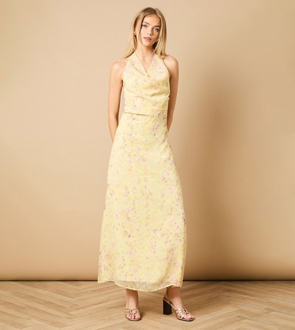 Printed Mesh Dobby Halterneck Dress