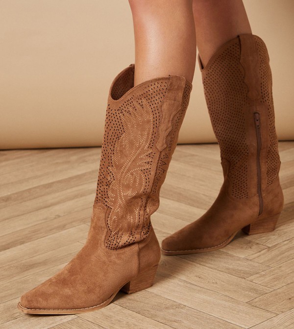 Cerelia Faux Suede Embroidered Western Cowboy Knee Boots