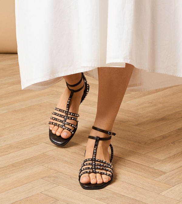 Nyviella Faux Leather Studded T Bar Flat Sandals