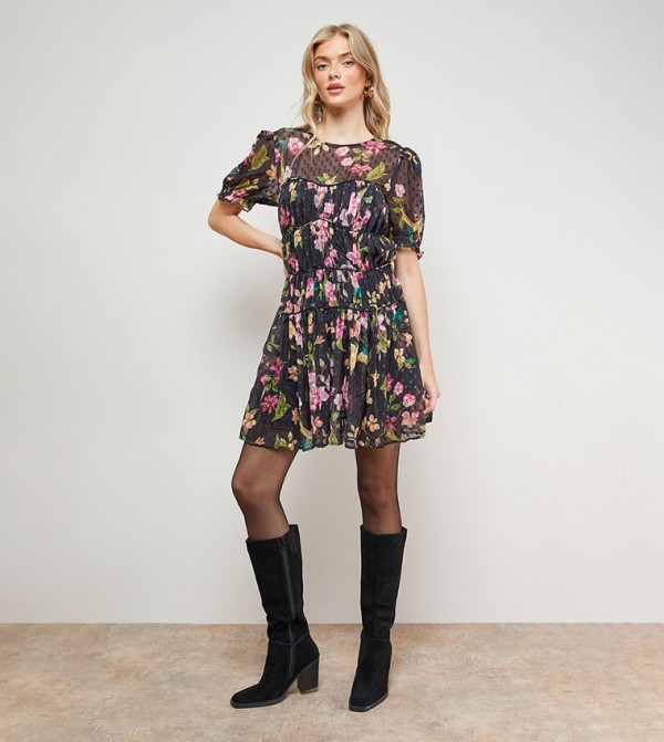 Printed Dobby Shirred Bodice Mini Dress