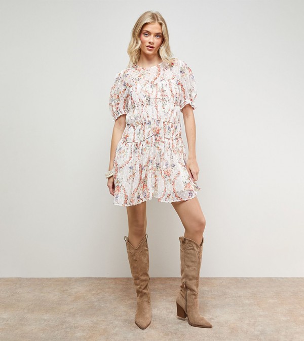 Printed Dobby Shirred Bodice Mini Dress