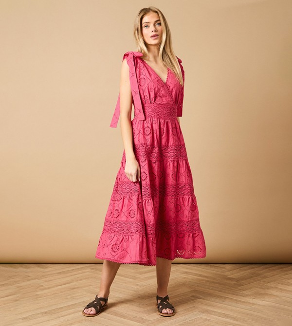 Petite Tie Shoulder V-Neck Broderie Midi Dress